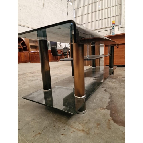 493 - Black Glass TV Unit with Drop Curved Front and Lower Shelves, (Approx. 160 x 45 x 54cm), (a/f)