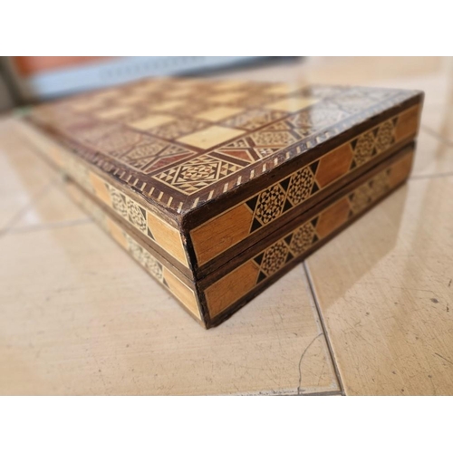 84 - Marquetry Backgammon (Τάβλι) Board, Folding, with Set of Pieces & Dice, (Approx. 50 x 25 x 8cm)