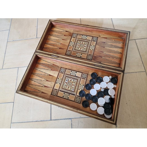 84 - Marquetry Backgammon (Τάβλι) Board, Folding, with Set of Pieces & Dice, (Approx. 50 x 25 x 8cm)