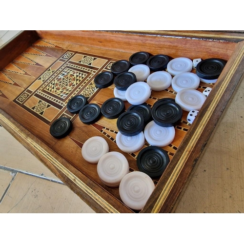 84 - Marquetry Backgammon (Τάβλι) Board, Folding, with Set of Pieces & Dice, (Approx. 50 x 25 x 8cm)