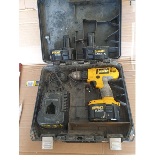 125 - DeWalt 14.4v Cordless Drill, 3x Batteries, Charger and Cary Case (a/f), plus DW919 Torch without Bat... 