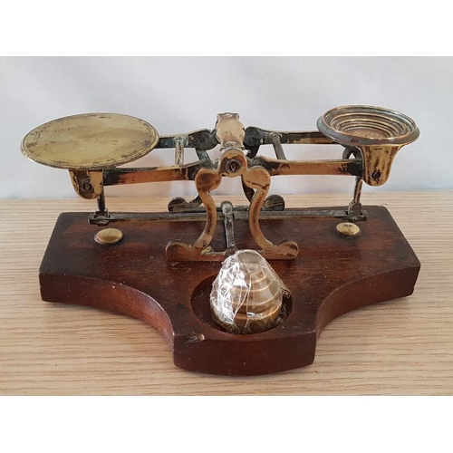 13 - Antique Brass Postal Scales on Wooden Plinth with Set 6 Brass Weights - 2oz Down to 1/16 of an Ounce