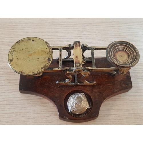 13 - Antique Brass Postal Scales on Wooden Plinth with Set 6 Brass Weights - 2oz Down to 1/16 of an Ounce