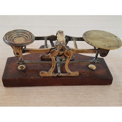 13 - Antique Brass Postal Scales on Wooden Plinth with Set 6 Brass Weights - 2oz Down to 1/16 of an Ounce