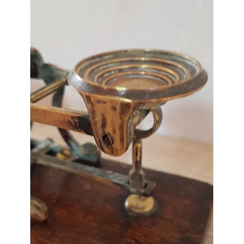 13 - Antique Brass Postal Scales on Wooden Plinth with Set 6 Brass Weights - 2oz Down to 1/16 of an Ounce