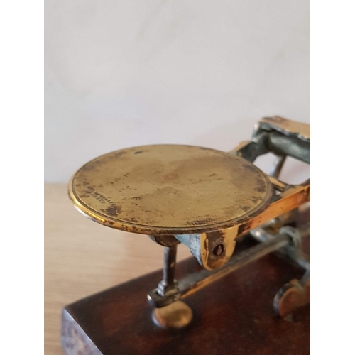 13 - Antique Brass Postal Scales on Wooden Plinth with Set 6 Brass Weights - 2oz Down to 1/16 of an Ounce