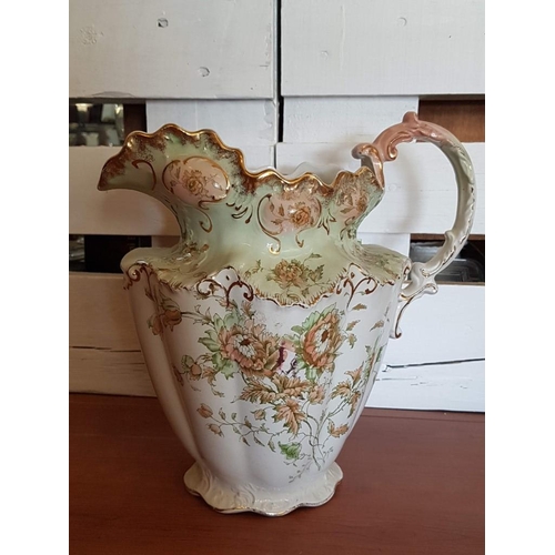 155 - Victorian High Ornate Floral Pattern Wash Basin and Pitcher , Gold Rim (Jug - 31cm/Bowl 47.5 x 15cm)