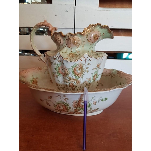 155 - Victorian High Ornate Floral Pattern Wash Basin and Pitcher , Gold Rim (Jug - 31cm/Bowl 47.5 x 15cm)