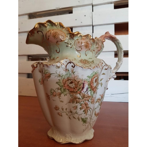 155 - Victorian High Ornate Floral Pattern Wash Basin and Pitcher , Gold Rim (Jug - 31cm/Bowl 47.5 x 15cm)