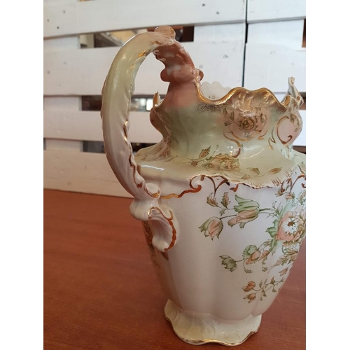 155 - Victorian High Ornate Floral Pattern Wash Basin and Pitcher , Gold Rim (Jug - 31cm/Bowl 47.5 x 15cm)