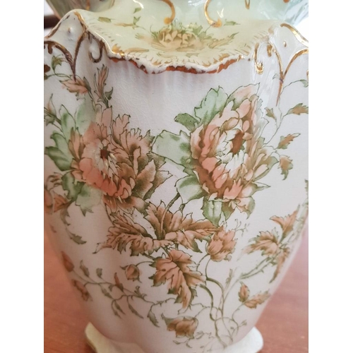 155 - Victorian High Ornate Floral Pattern Wash Basin and Pitcher , Gold Rim (Jug - 31cm/Bowl 47.5 x 15cm)