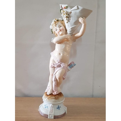 174 - Old Continental Glazed Earthenware Putti Cherub 'Amor' Meissen Style Figurine (Hand Made, Hand Paint... 