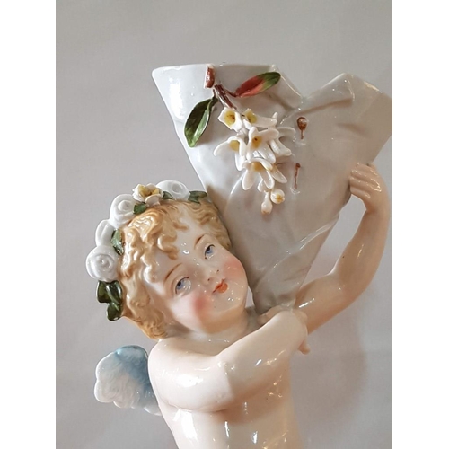 174 - Old Continental Glazed Earthenware Putti Cherub 'Amor' Meissen Style Figurine (Hand Made, Hand Paint... 