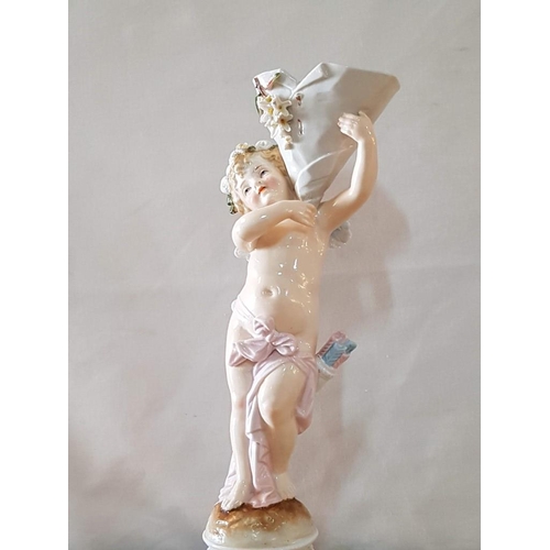 174 - Old Continental Glazed Earthenware Putti Cherub 'Amor' Meissen Style Figurine (Hand Made, Hand Paint... 