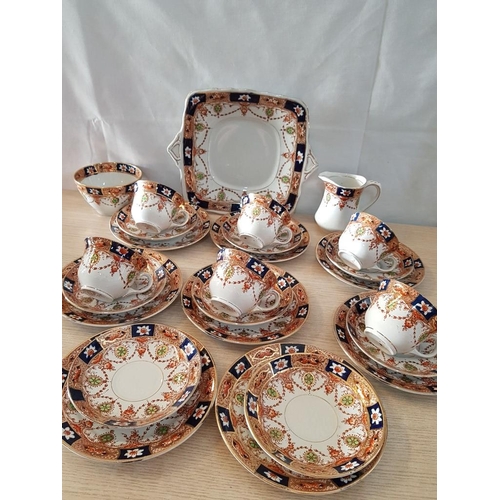 18 - Vintage English Porcelain by Carlisle Ware, by Burgess Bro, Longton - 6 Cups, 8 Saucers, Milk Jug, S... 