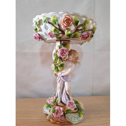 185 - Antique Circa 19th Century Dresden Style Porcelain Compote with Winged Cherub Figure and Pink Roses ... 