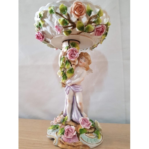 185 - Antique Circa 19th Century Dresden Style Porcelain Compote with Winged Cherub Figure and Pink Roses ... 