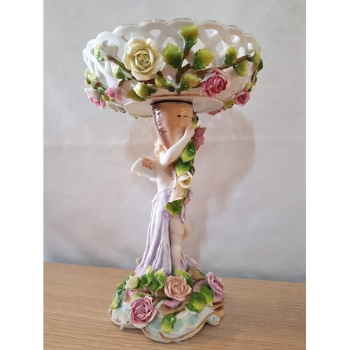 185 - Antique Circa 19th Century Dresden Style Porcelain Compote with Winged Cherub Figure and Pink Roses ... 