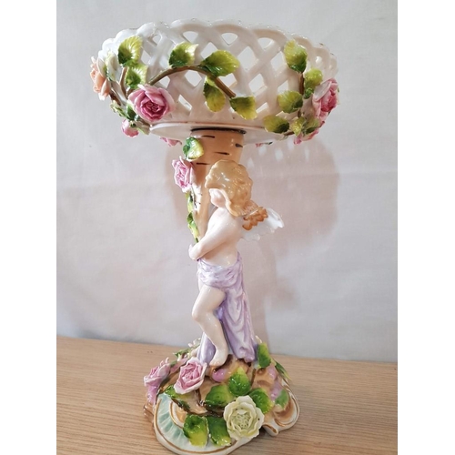 185 - Antique Circa 19th Century Dresden Style Porcelain Compote with Winged Cherub Figure and Pink Roses ... 