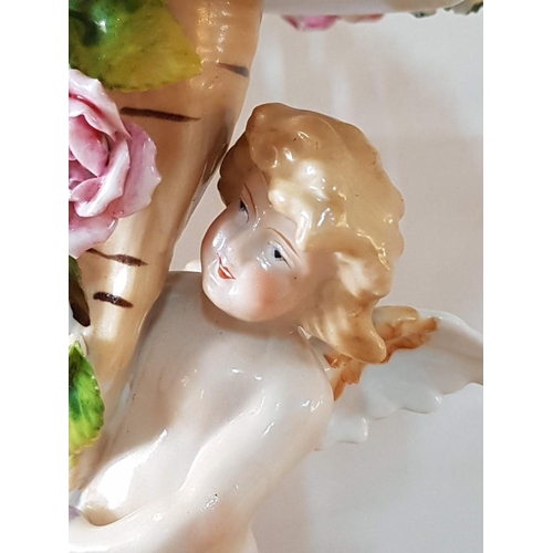 185 - Antique Circa 19th Century Dresden Style Porcelain Compote with Winged Cherub Figure and Pink Roses ... 