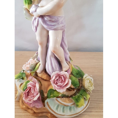 185 - Antique Circa 19th Century Dresden Style Porcelain Compote with Winged Cherub Figure and Pink Roses ... 