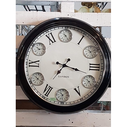 1 - 'London' Oversized Round Wall Clock with World Time, Glossy Black Surround and White Face, (Approx. ... 