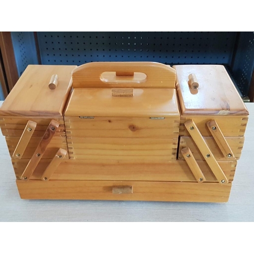 21 - Large Wooden Cantilevered Sewing Box with Drawer and Contents (46 x 24 x 27cm)