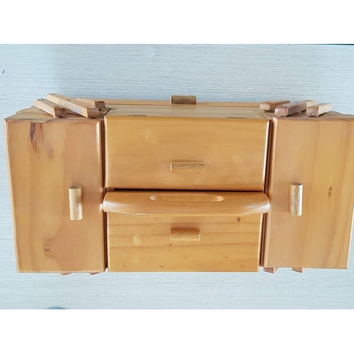 21 - Large Wooden Cantilevered Sewing Box with Drawer and Contents (46 x 24 x 27cm)