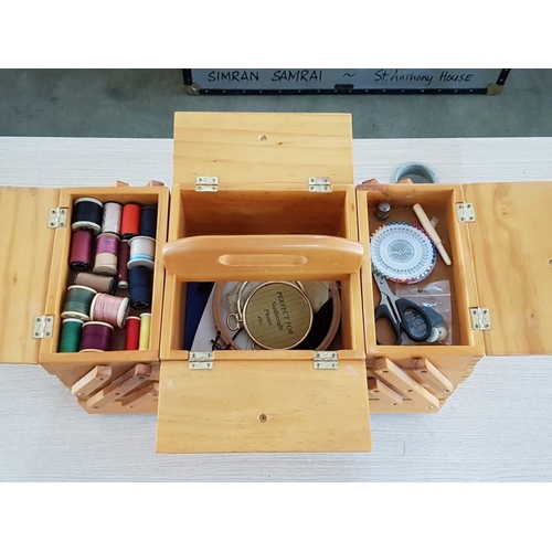 21 - Large Wooden Cantilevered Sewing Box with Drawer and Contents (46 x 24 x 27cm)