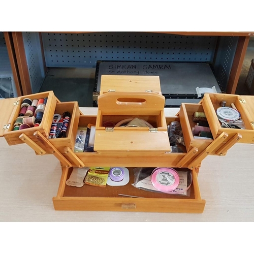 21 - Large Wooden Cantilevered Sewing Box with Drawer and Contents (46 x 24 x 27cm)