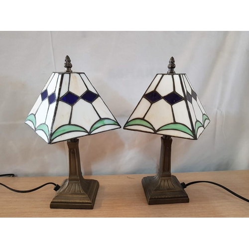 308 - Tiffany Style Pair of Table Lamps with Square Lampshade and Heavy Brass Effect Bases (35cm Each,) Ba... 