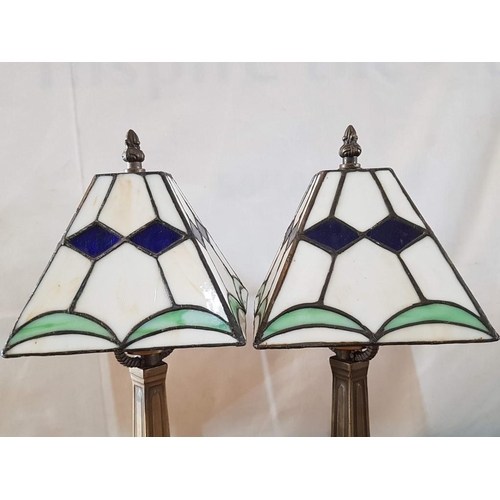 308 - Tiffany Style Pair of Table Lamps with Square Lampshade and Heavy Brass Effect Bases (35cm Each,) Ba... 