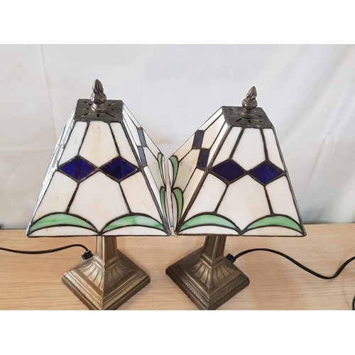 308 - Tiffany Style Pair of Table Lamps with Square Lampshade and Heavy Brass Effect Bases (35cm Each,) Ba... 