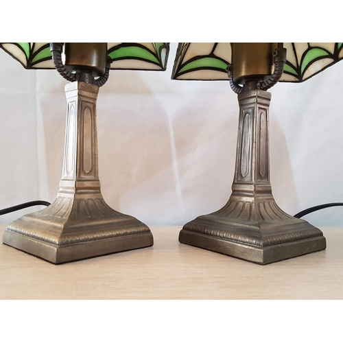 308 - Tiffany Style Pair of Table Lamps with Square Lampshade and Heavy Brass Effect Bases (35cm Each,) Ba... 