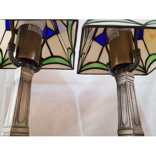 308 - Tiffany Style Pair of Table Lamps with Square Lampshade and Heavy Brass Effect Bases (35cm Each,) Ba... 