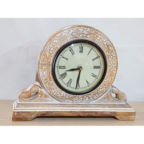 33 - Limed Oak Mantle Clock - White Dial Roman Numeral, New Battery, Working when Lotted (30 x 22cm