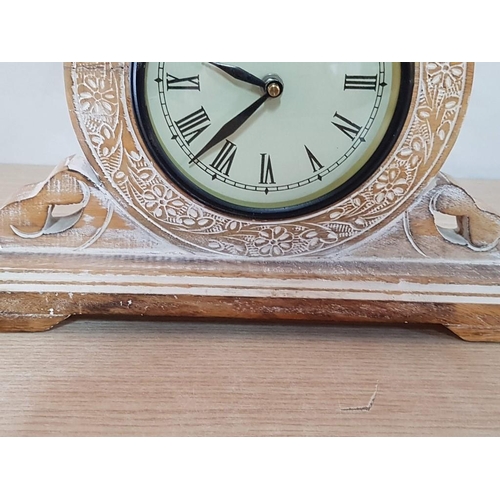 33 - Limed Oak Mantle Clock - White Dial Roman Numeral, New Battery, Working when Lotted (30 x 22cm