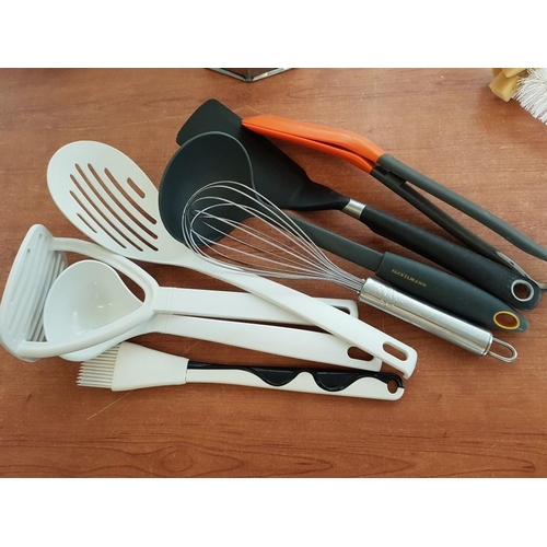 386 - Kitchen Tools: Electric Philips Hand Mixer and Various Hand Tools in Large Plastic Container (40 x 3... 