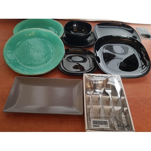 388 - Assorted Kitchen Items, Modern Cutlery Ser (Ikea 24x pcs) and Various Modern Plates (8x)