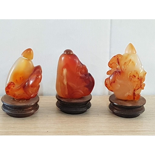 406 - Antique Chinese Snuff Bottles Probably Made of Carnelian Stone, on Wooden Base (Approx. 6.5 x 7.5 x ... 