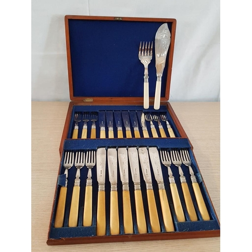 41 - Vintage Set of 24 Silver Plated Fish Knives and Forks Stamped M-JH & Co, with EP Under a Crown in Or... 