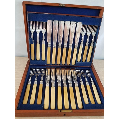 41 - Vintage Set of 24 Silver Plated Fish Knives and Forks Stamped M-JH & Co, with EP Under a Crown in Or... 