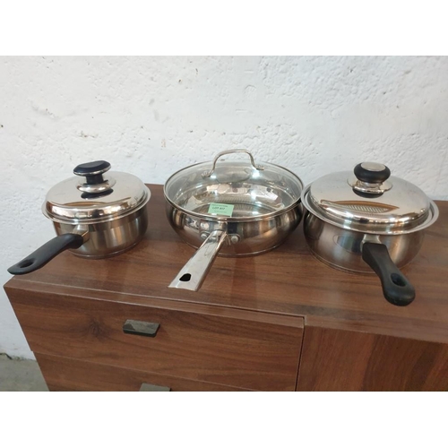 417 - 3 x Lidded Stainless Steel Saucepans, (3)