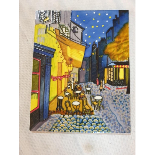 426 - Glazed Picture with Street Cafe Scene at Night, (Approx. 35 x 28cm)