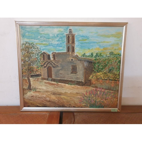 436 - Framed Oil on Board Painting of Church, Signed Maria Filippou, (Approx. 65 x 55cm)