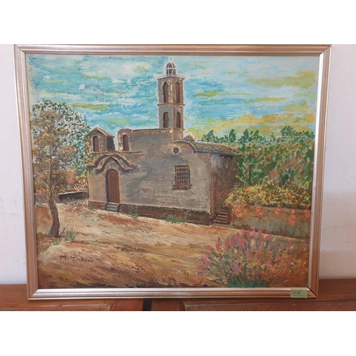 436 - Framed Oil on Board Painting of Church, Signed Maria Filippou, (Approx. 65 x 55cm)