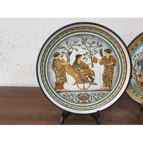 441 - 3 x Terracotta Plates with Ancient Greek Scenes, (Approx. Ø: 28cm and 32cm), (3)