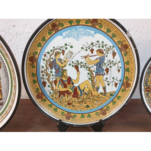 441 - 3 x Terracotta Plates with Ancient Greek Scenes, (Approx. Ø: 28cm and 32cm), (3)