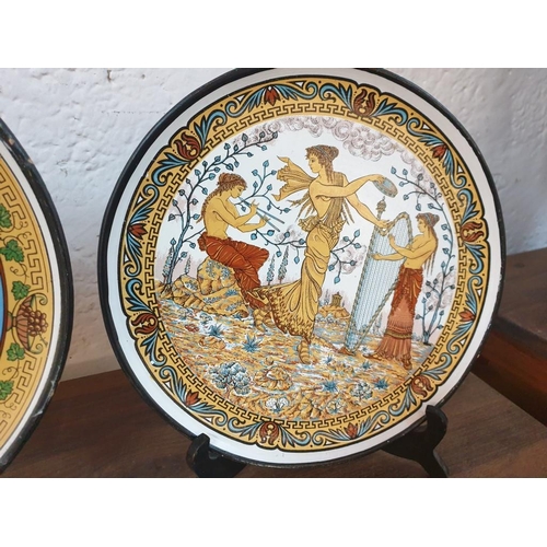 441 - 3 x Terracotta Plates with Ancient Greek Scenes, (Approx. Ø: 28cm and 32cm), (3)