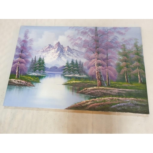 444 - Oil Painting on Canvas of Mountain & Lake, (Approx. 92 x 61cm)